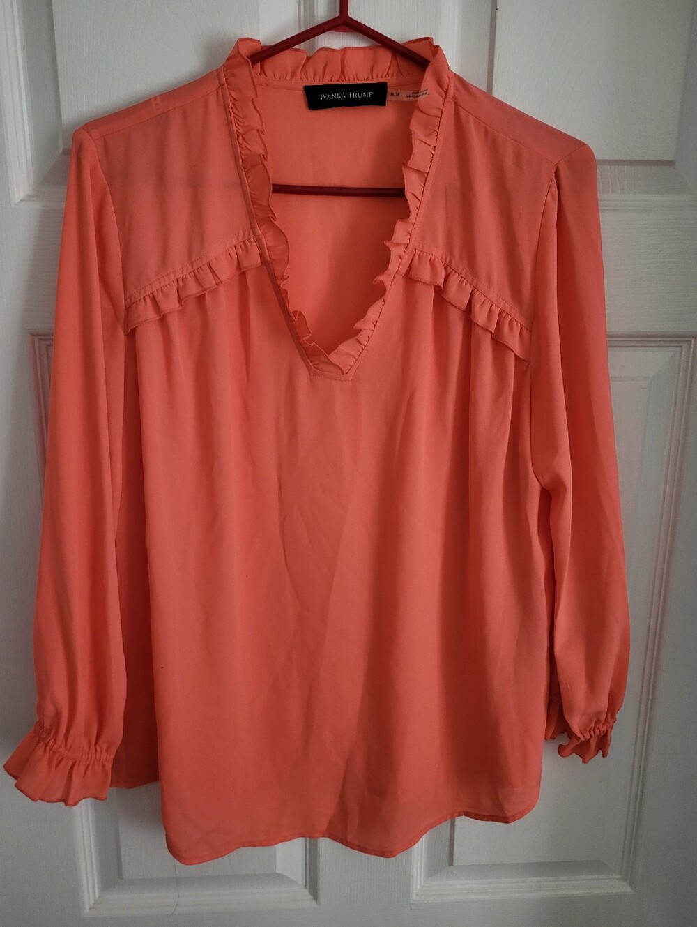 Ivanka Trump Coral Ruffle V-Neck Long Sleeve Blouse